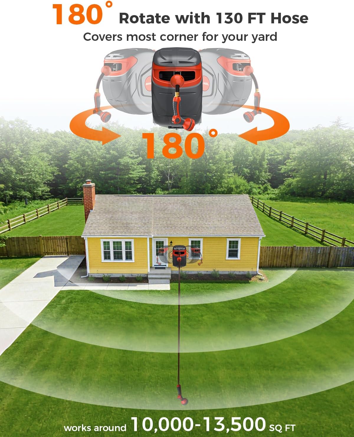100 FT 1/2 Inch Retractable Garden Hose Reel Wall-Mounted 180° Swivel 9-Patern Nozzle Automatic Slow Return Any