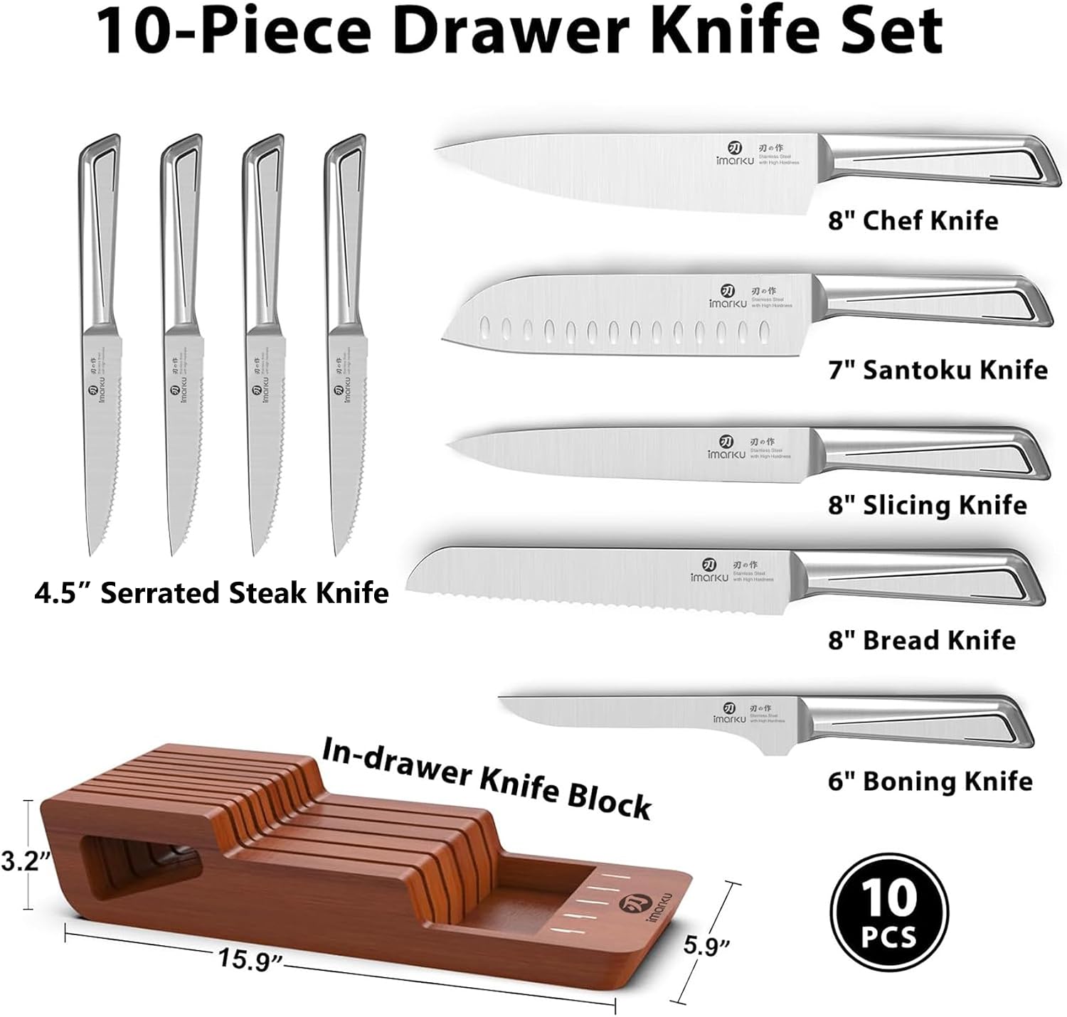 10 PCS Stainless Steel Drawer Knife Set with Wooden Organizer | Japanese High-Carbon Stainless Steel Blades |