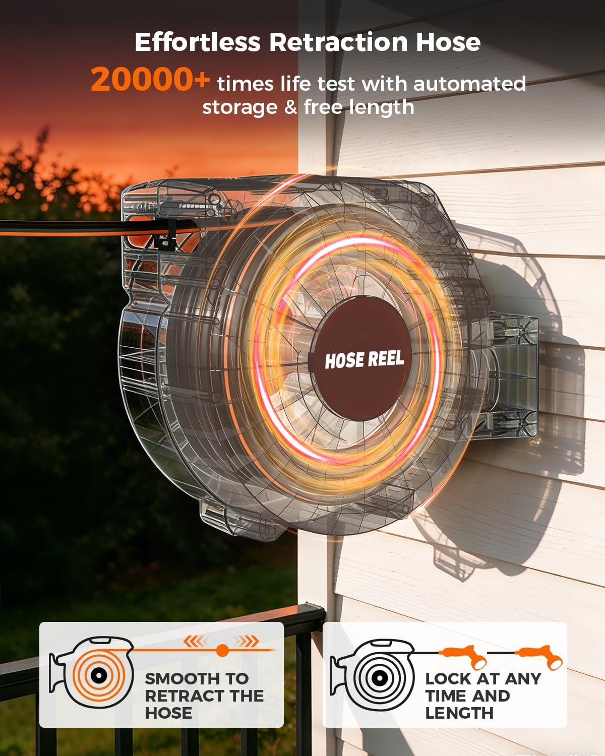 1/2 Inch 100FT Retractable Garden Hose Reel Wall-Mounted 180° Swivel 9-Patern Nozzle Automatic Slow Return Any Length