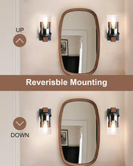 1-Light Wall Sconces Set of 2, Farmhouse Bathroom Vanity Light Fixtures, Wood Grain Black Wall Mount Light with Clear