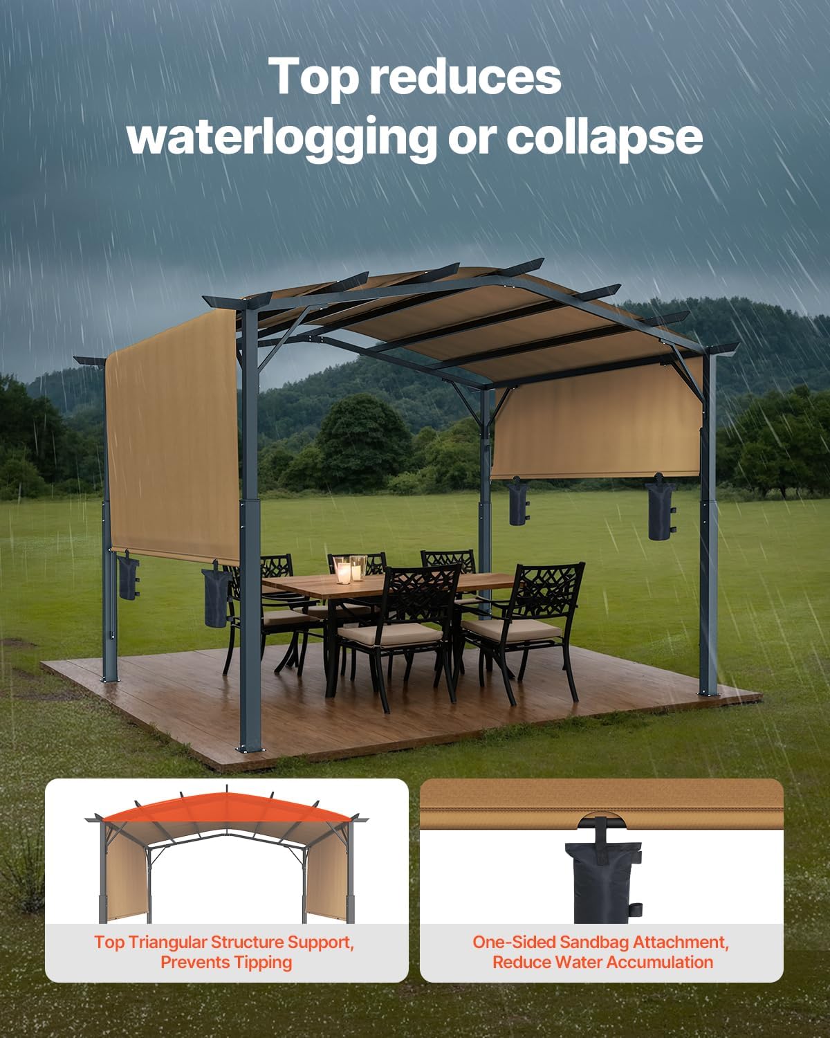 10 x 10 ft Outdoor Pergola, Arched Top Metal Pergola, Retractable Pergola with Sun Shade Canopy