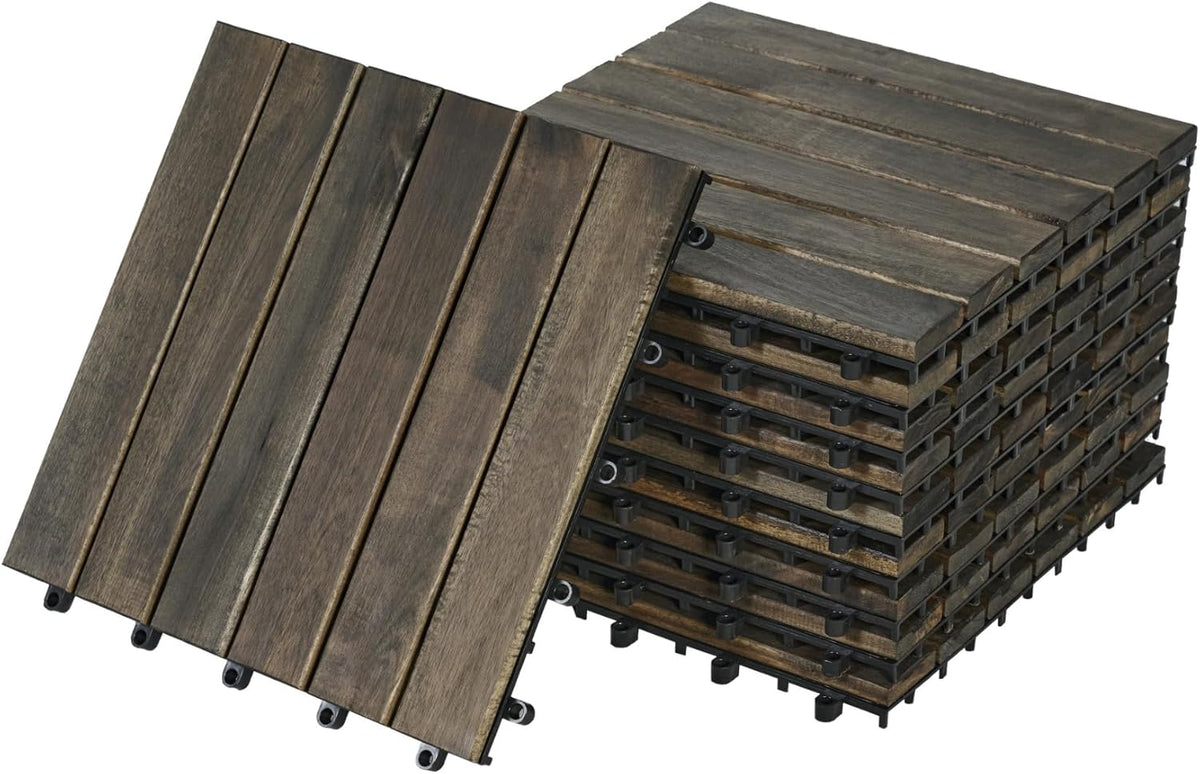 10 Pcs Outdoor Interlocking Deck Tiles, 12"x12" Acacia Wood Tiles for Patio, Porch, Balcony & Poolside, Striped