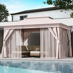 10'x13' Outdoor Gazebo, Metal Frame Heavy Duty Patio Canopy Tent Shelter with Double Roofs - Khaki