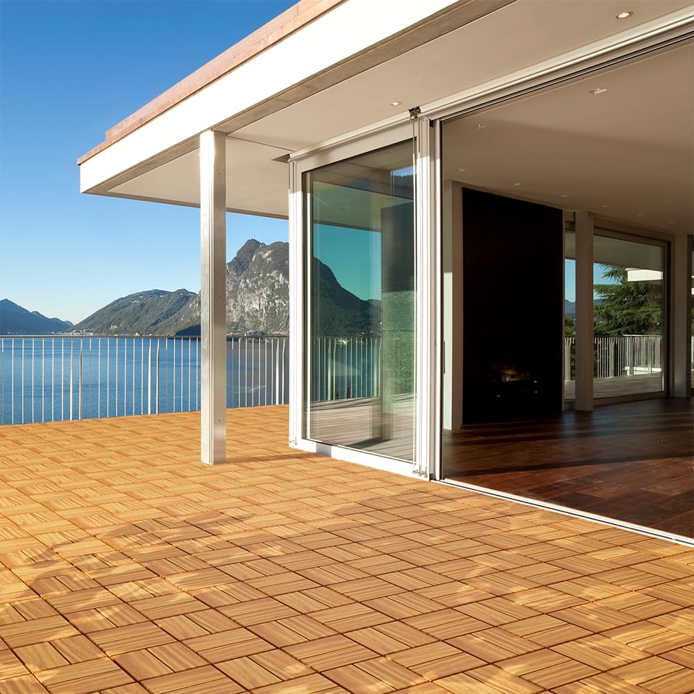 10 PCS 12" x 12" Acacia Deck Tiles, Waterproof Interlocking Deck Tiles for Indoor/Outdoor Wood Flooring, Snap Together