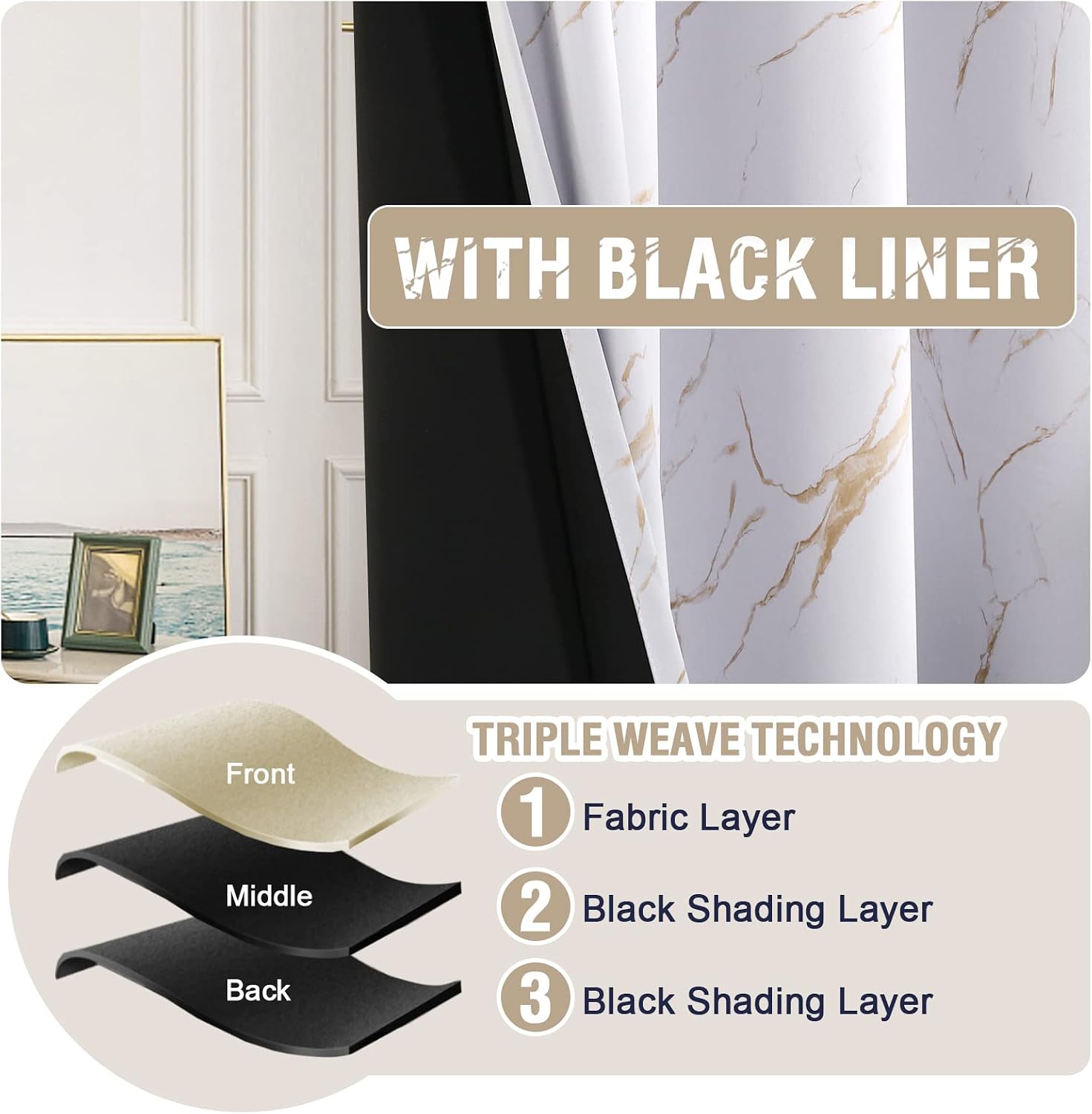 100% Blackout Curtains 2 Panels Set Marble Designs Printed Drapes Thermal Curtains for Bedroom