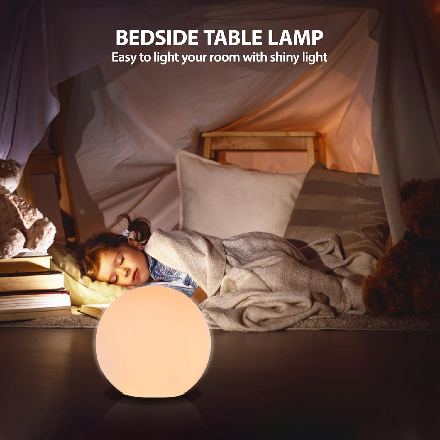 10 Inch Ball Table Lamp with Glass Shade, Ball Light Bookshelf Lamp and Bedroom Bookshelf Reading Decoration