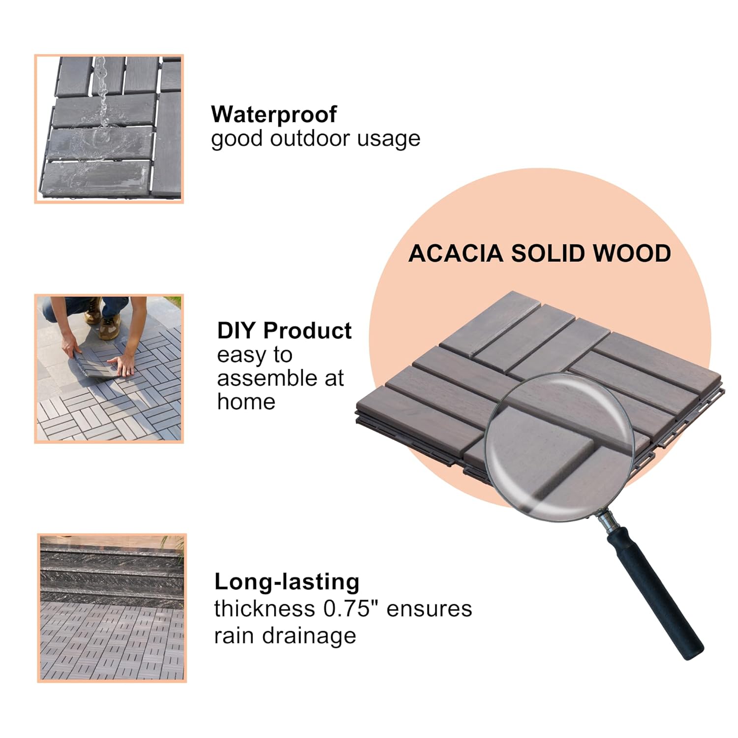 10 PCS Interlocking Deck Tiles, Solid Wood Patio Flooring Outdoor Waterproof, 12"x12"x0.8" Acacia Wood Tiles, Patio