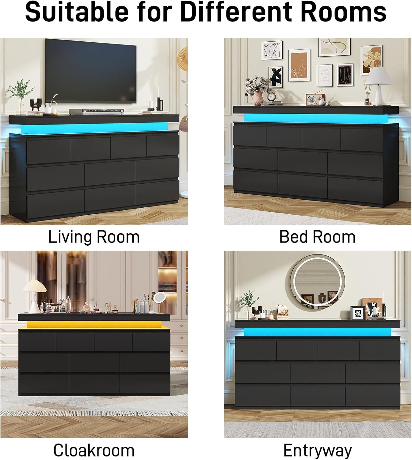 10 Drawer Dresser , 63" Wide 34" Tall Drawer Organizer Cabinet with LED Light and Charge Station, Modern Chest of