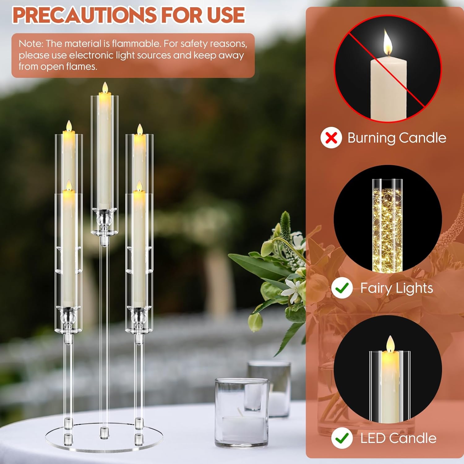 1 Set 5 Arm Acrylic Candle Holder with Candles, Mjkeomo 27'' Tall Table Candelabra, Complete Centerpiece Set for Fireplace Mantel, Wedding, Housewarming Gift