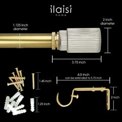 1-1/8 Inch Diameter Gold Curtain Rods with Ribbed Glass Finial, 36-72 inch Telescoping Single Curtain Rods for window