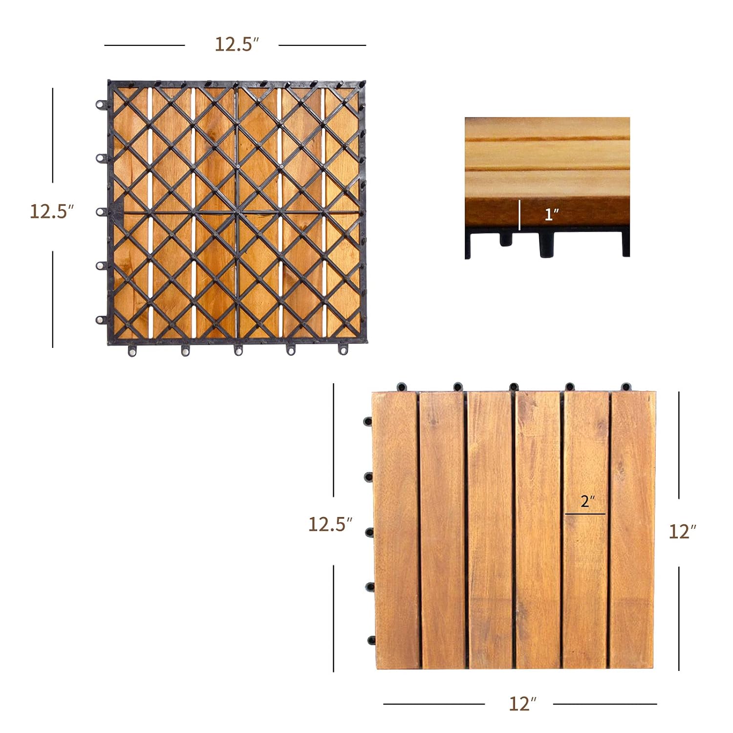 10 PCS Interlocking Patio Deck Tiles, 12 x 12in Acacia Hardwood Outdoor Flooring Tiles, 10 sq.ft Wood Composite Deck