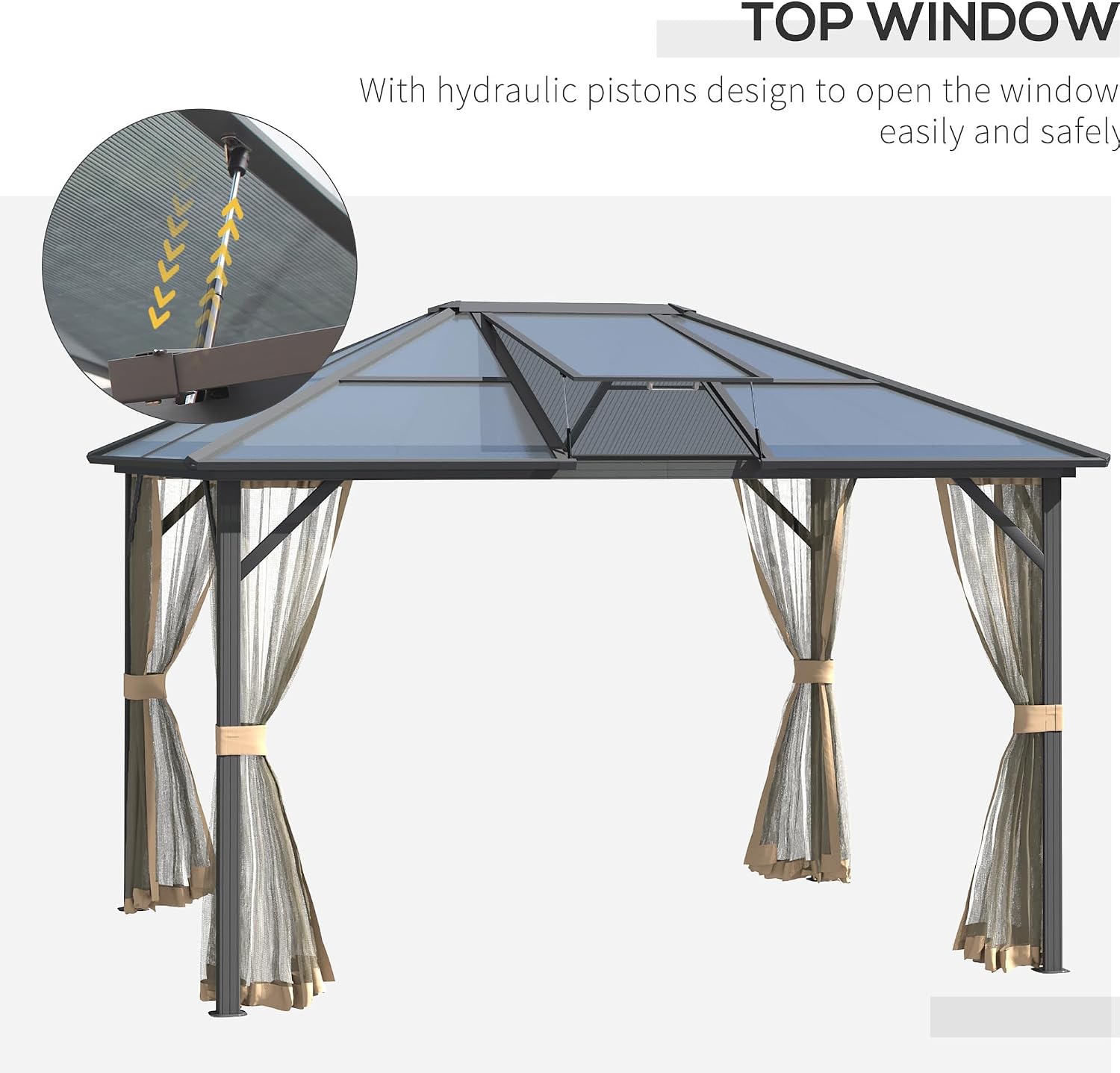 10' x 12' Hardtop Gazebo Canopy with Polycarbonate Roof, Aluminum Frame