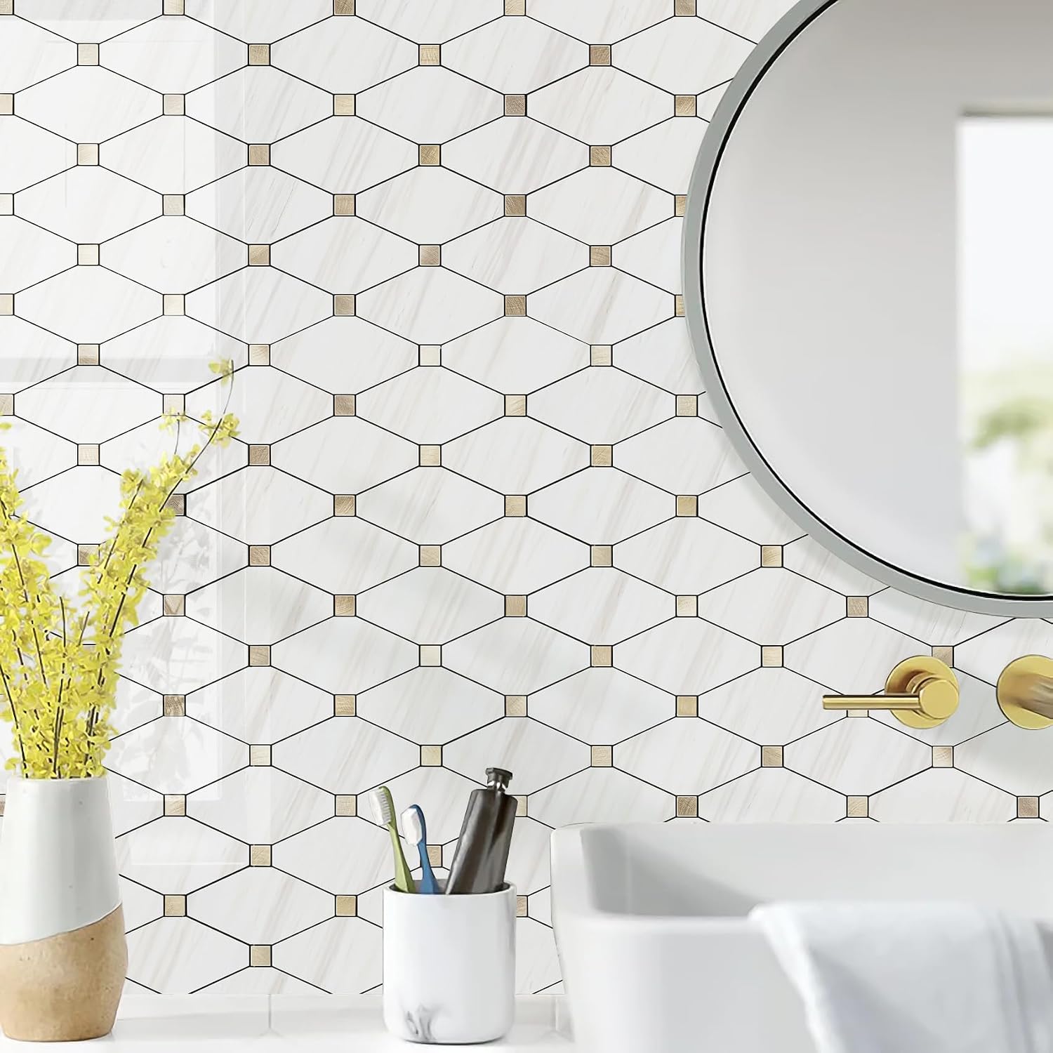 10 Sheets Peel and Stick Backsplash, Polished Dolomite PVC Mixed Metal Gold Kitchen Backsplash, Stick on Backsplash