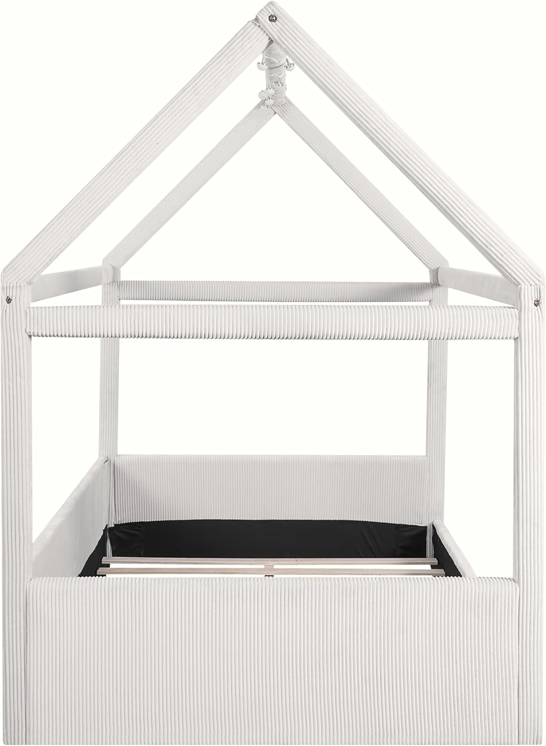 & Bright Designs Full Size Upholstered House Bed for Kids, Montessori Floor Bed with LED Light Strips, House Floor