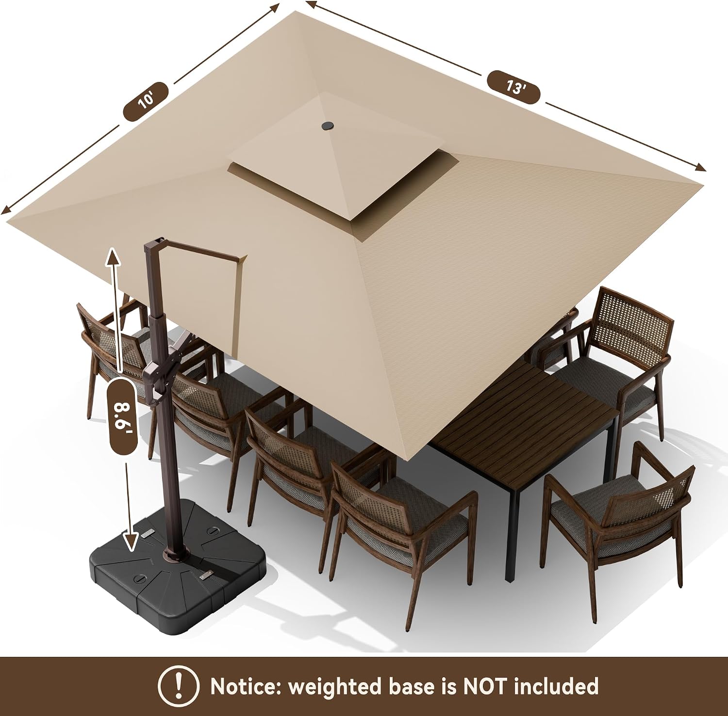 10 X 13 FT Cantilever Outdoor Patio Umbrella with LED Lights Large Heavy Duty 360° Rotation Double Top Offset