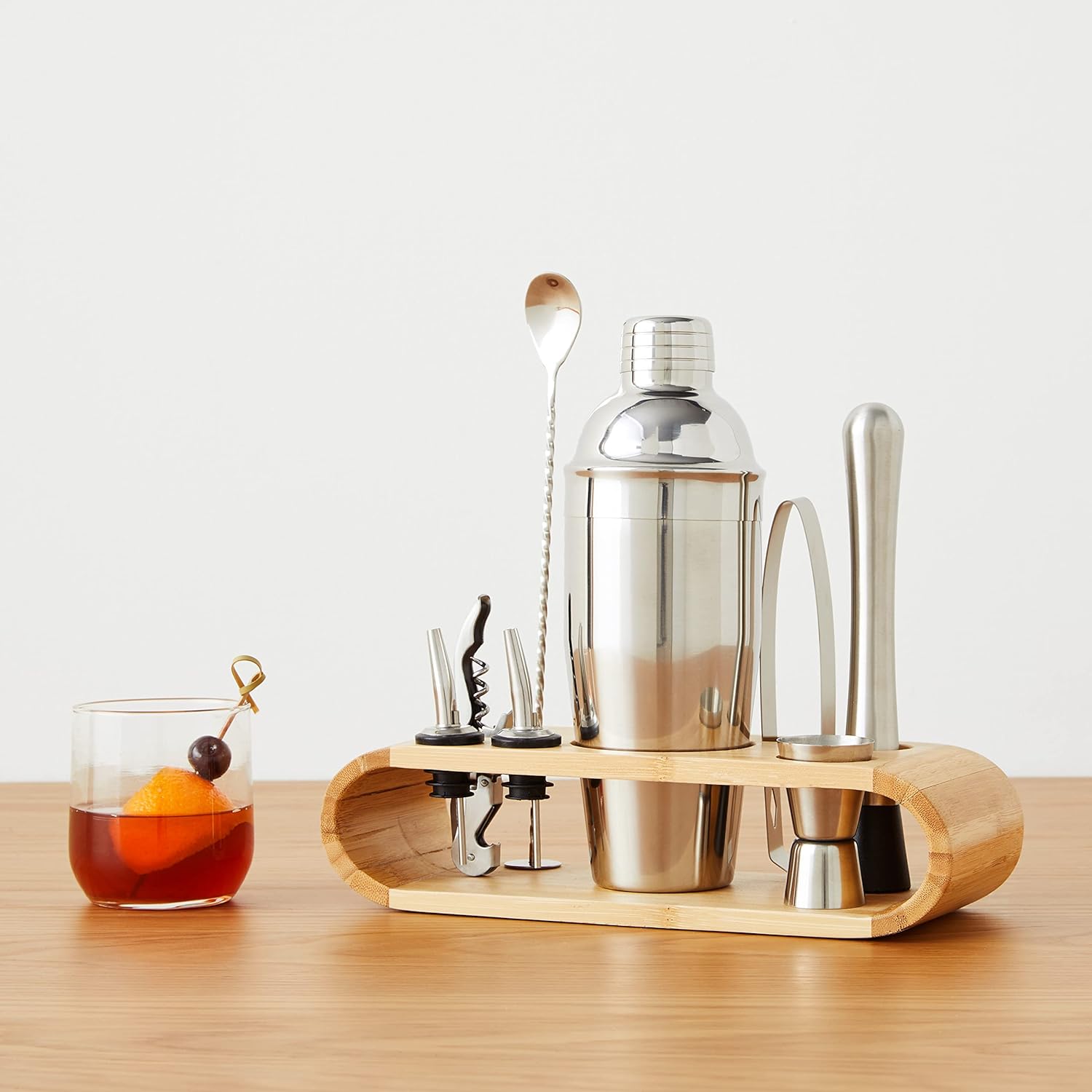 10-Piece Stainless Steel Cocktail Shaker Bar Tool Set with Bamboo Stand Holder, Home Bar Drink Mixing Accessories