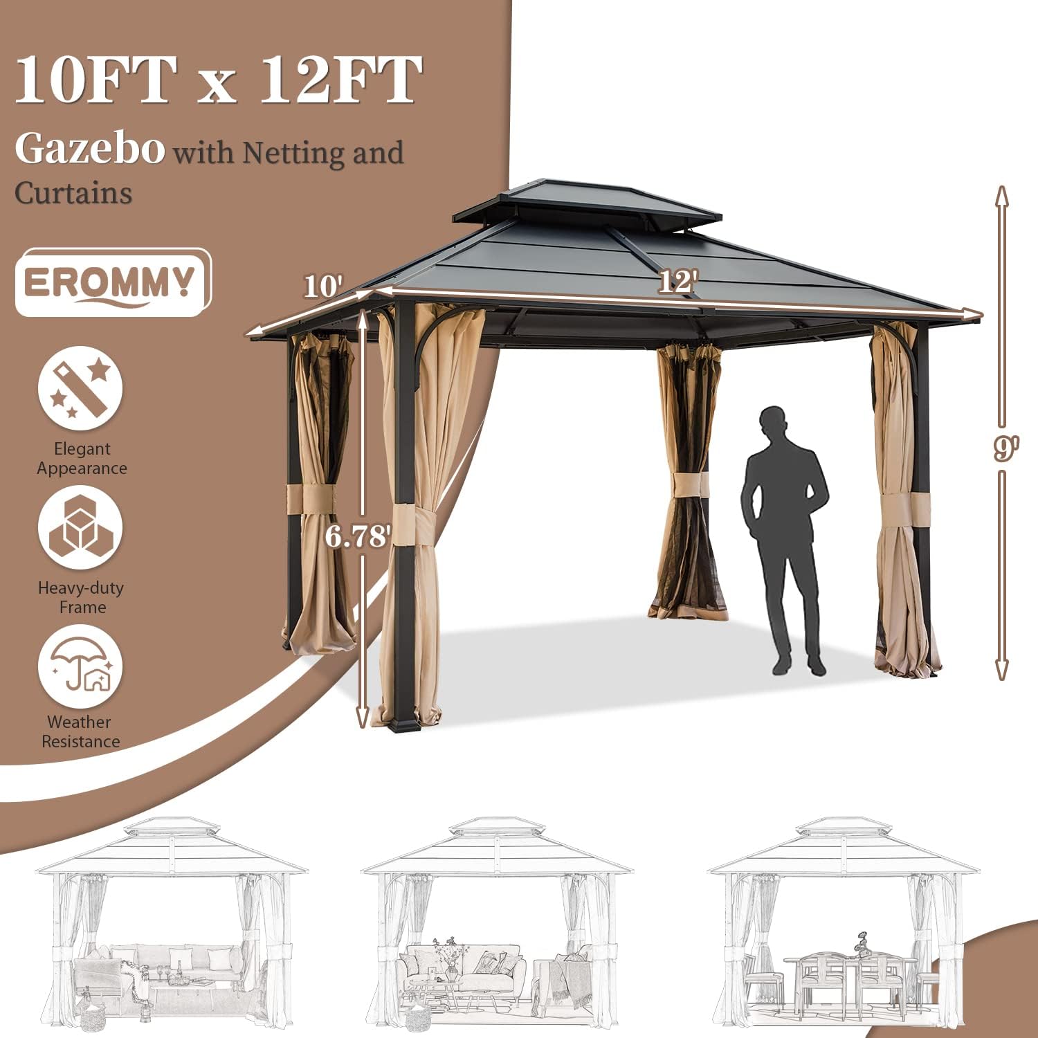 10'x12' Hardtop Gazebo, Double Metal Roof Canopy with Aluminum Frame, Netting and Shaded Curtains Included
