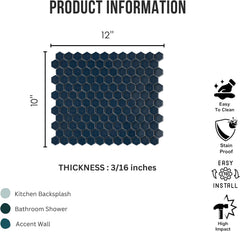 1" Hexagon Porcelain Mosaic Tile Matte Finish Navy Blue Color Wall and Floor Tile , Shower, and Backsplash (5 Sheets)