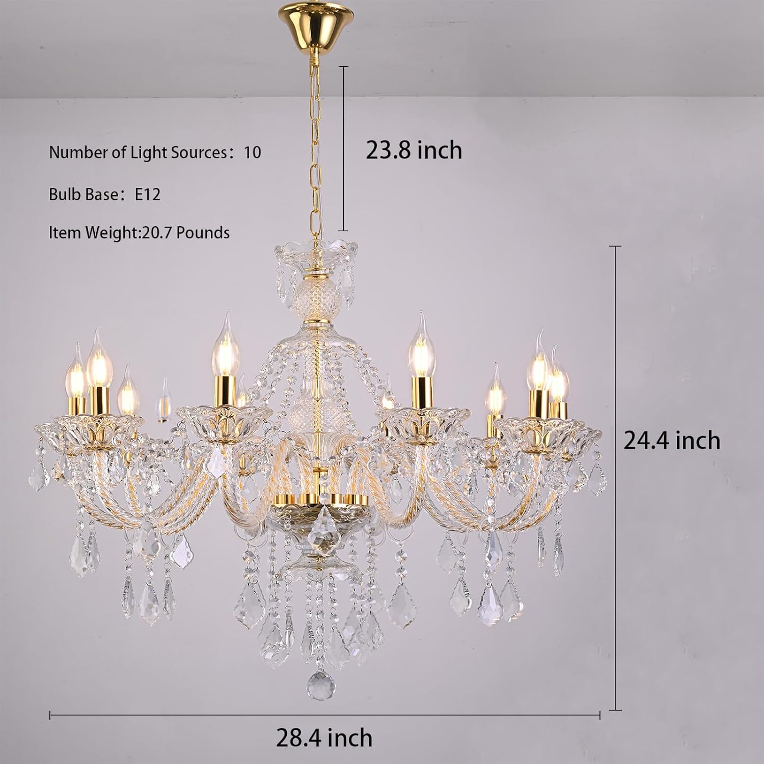 10-Light Crystal Chandelier Clear K9 Crystal Luxury Ceiling Light Fixture Flush Mount Pendant Lighting for Living Room Dining Room Bedroom Kitchen Hallway Entryway