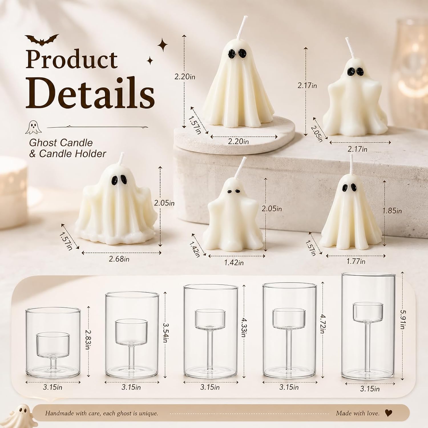 10 Pcs Halloween Glass Cylinder Hurricane Candle Holder with Halloween Ghost Candles, Clear Cylinder Pillar Candle