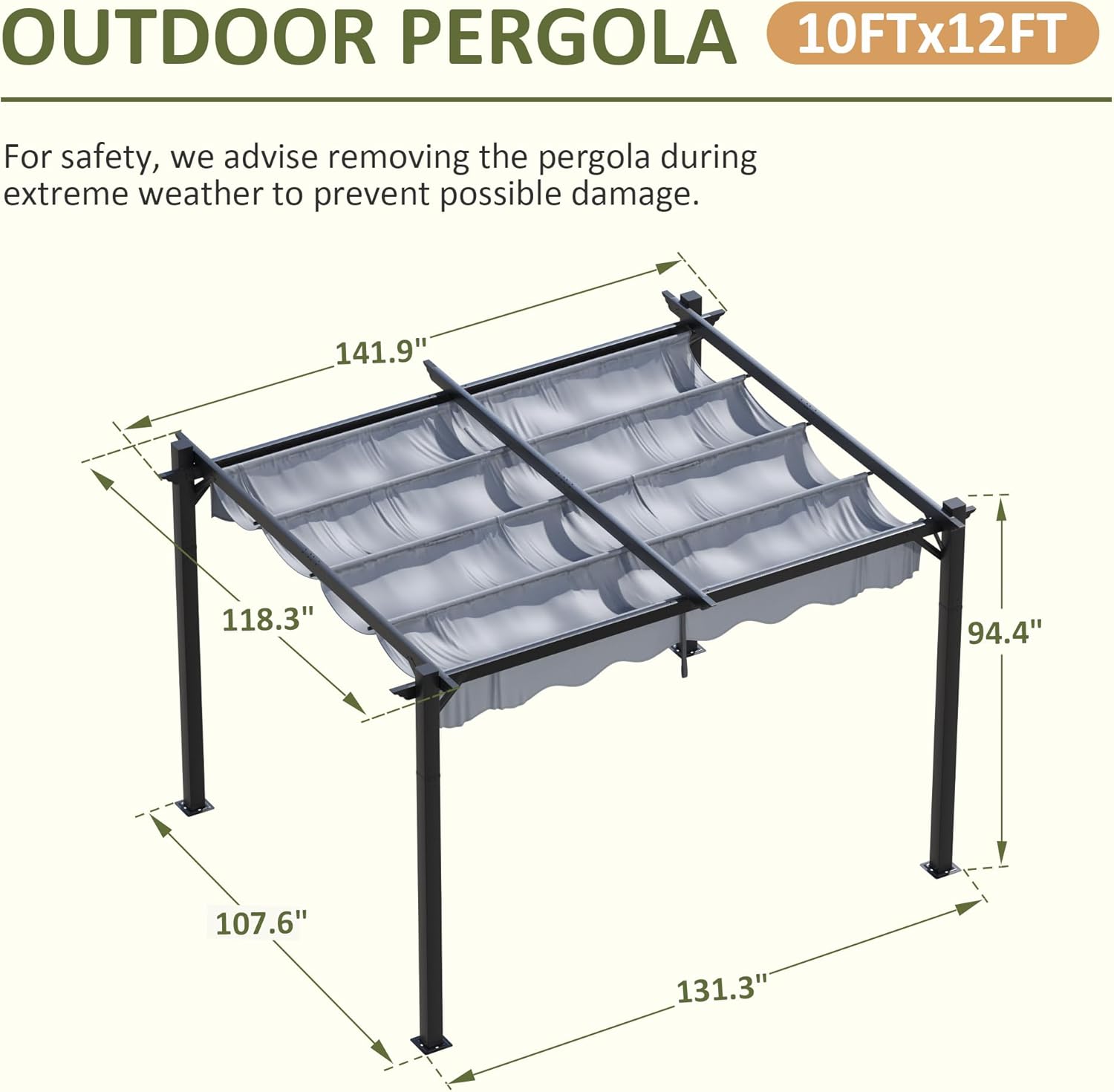 10'x12' Outdoor Pergola with Retractable Canopy, Patio Metal Heavy-Duty Gazebo Shelter