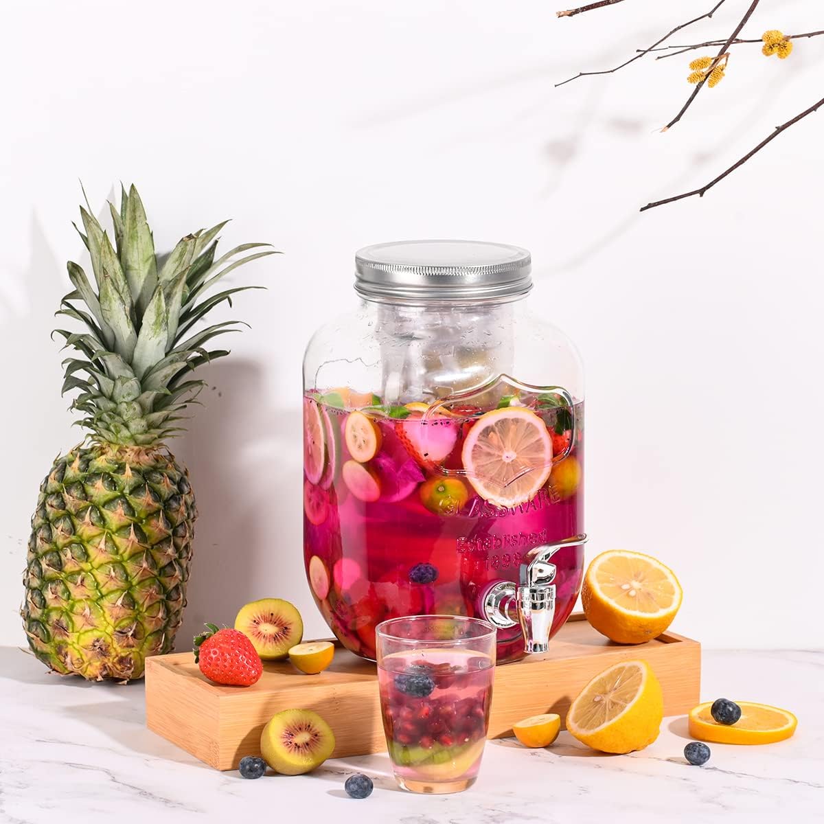 1 Gallon Glass Drink Dispensers for Parties,2 Pack Beverage Dispenser with Fruit Infuser,Laundry Detergent Dispenser