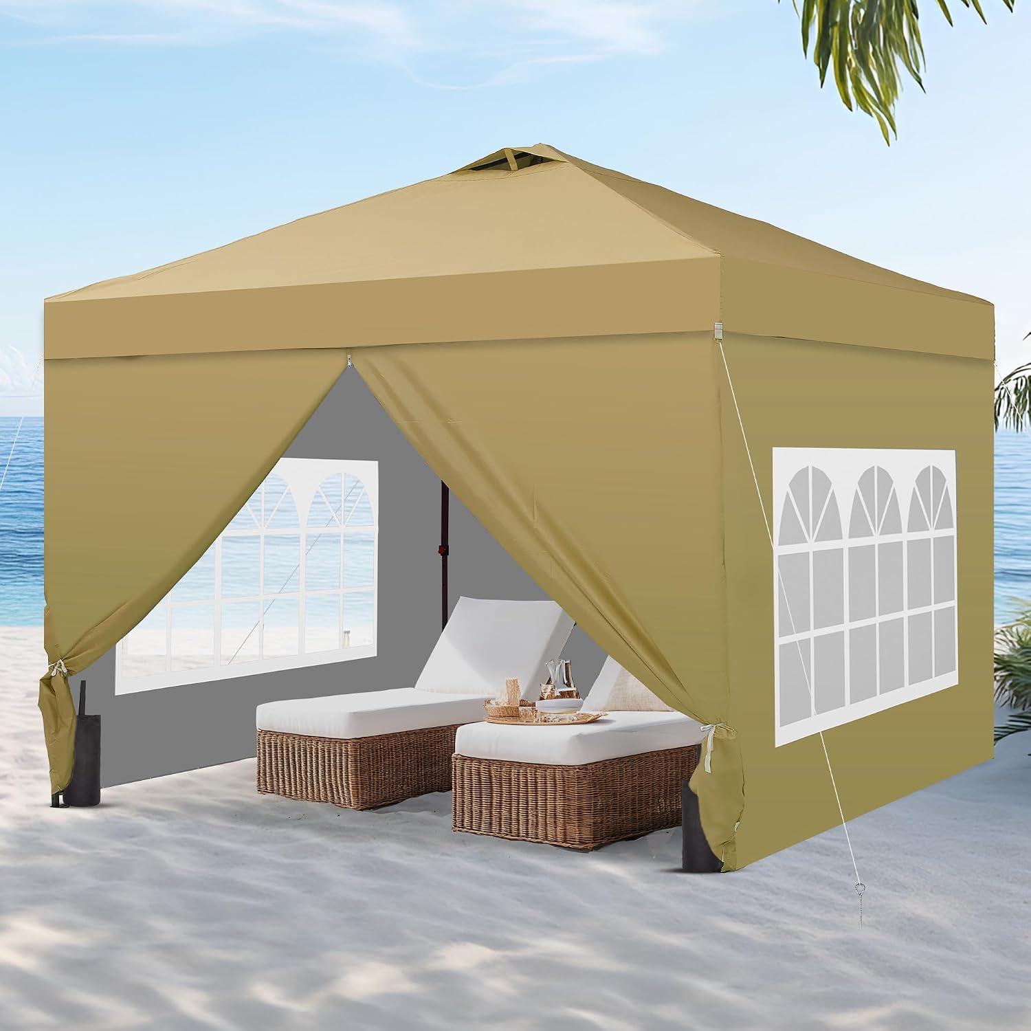 10'x10' Pop Up Canopy Tent, Portable Gazebo, Easy Up Outdoor Canopy for Events, Parties, Camping, Brown.
