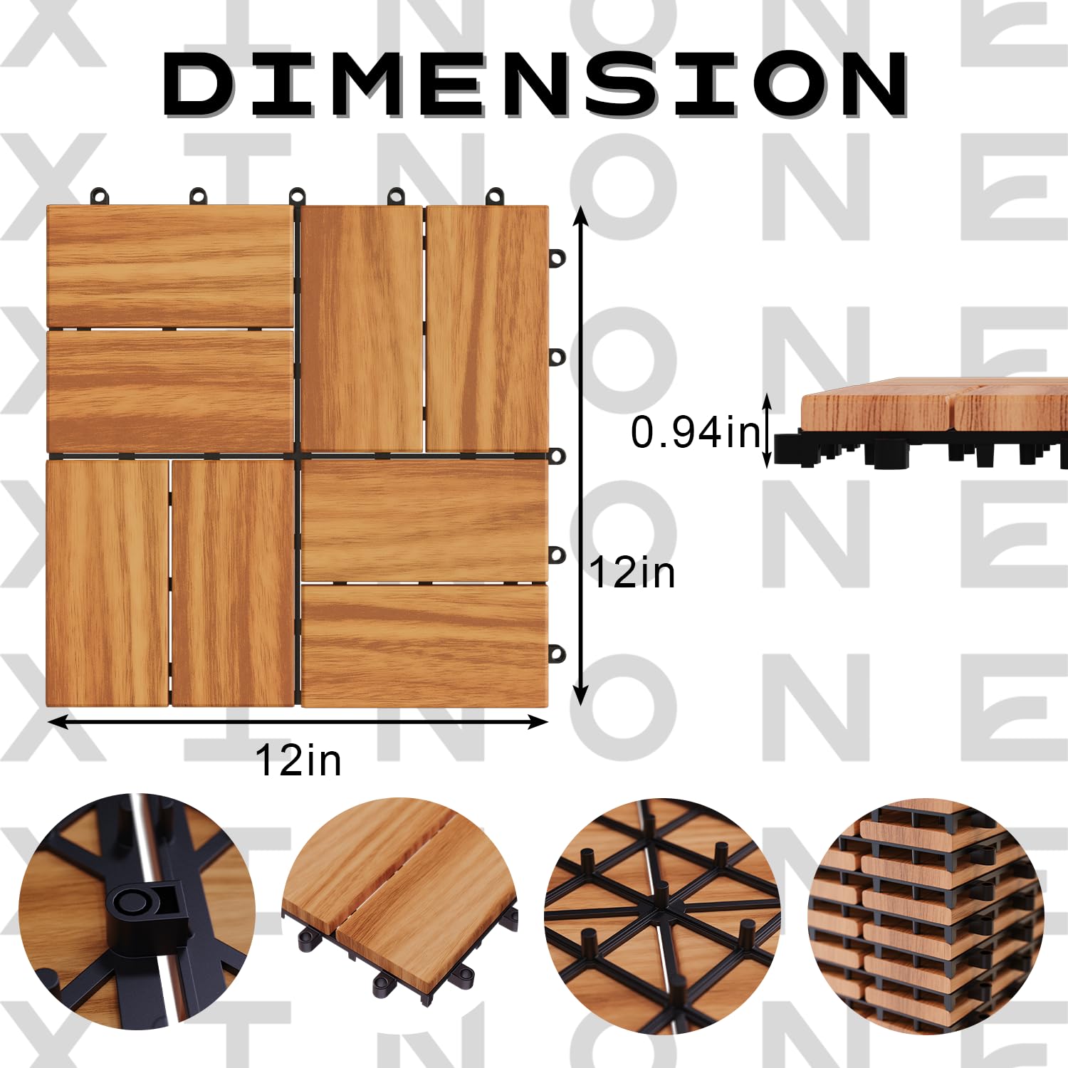 10 PCS 12" x 12" Acacia Deck Tiles, Waterproof Interlocking Deck Tiles for Indoor/Outdoor Wood Flooring, Snap Together
