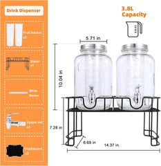 1 Gallon Glass Drink Dispensers For Parties-Set of 2, Drink Dispenser with Fruit Infuser & Stand,Juice or Beverage