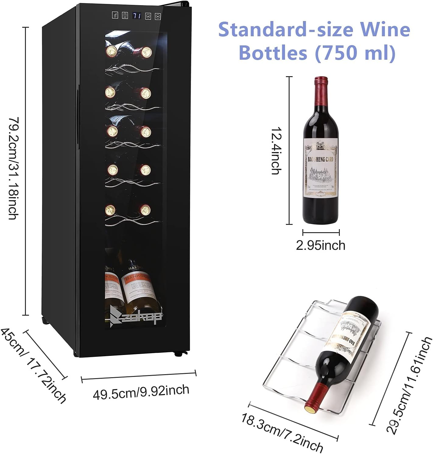 10''W Small Wine Fridge with Compressor, 12 Bottles Freestanding Wine Cooler Refrigerator with Touch Panel Control and Glass Door, Wine Cellar for Red, White, Champagne or Sparkling, 41-64°F