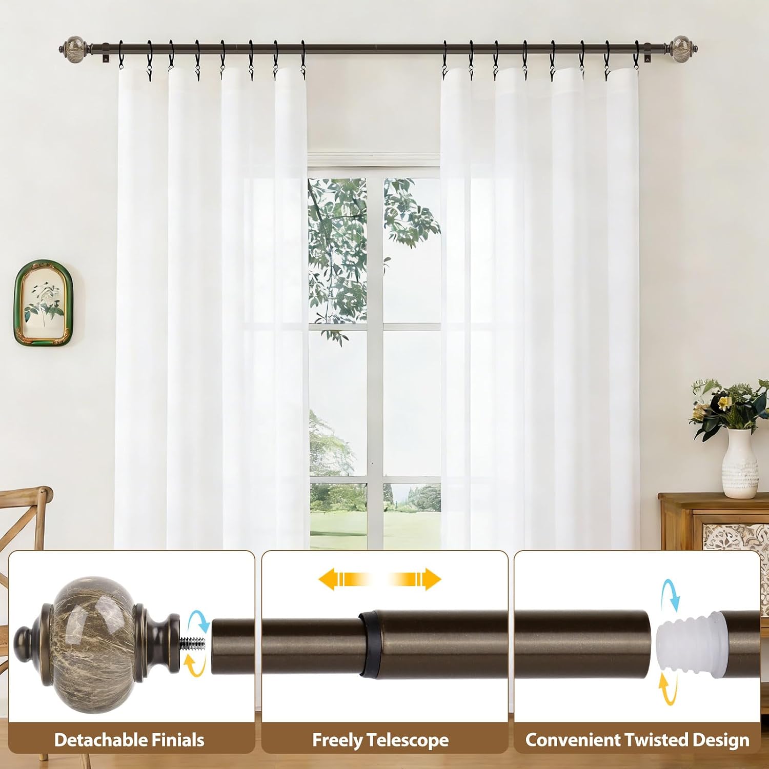 1 Inch Curtain Rods for Windows Bronze Heavy Duty Curtain Rod, Adjustable Long Drapery Rods