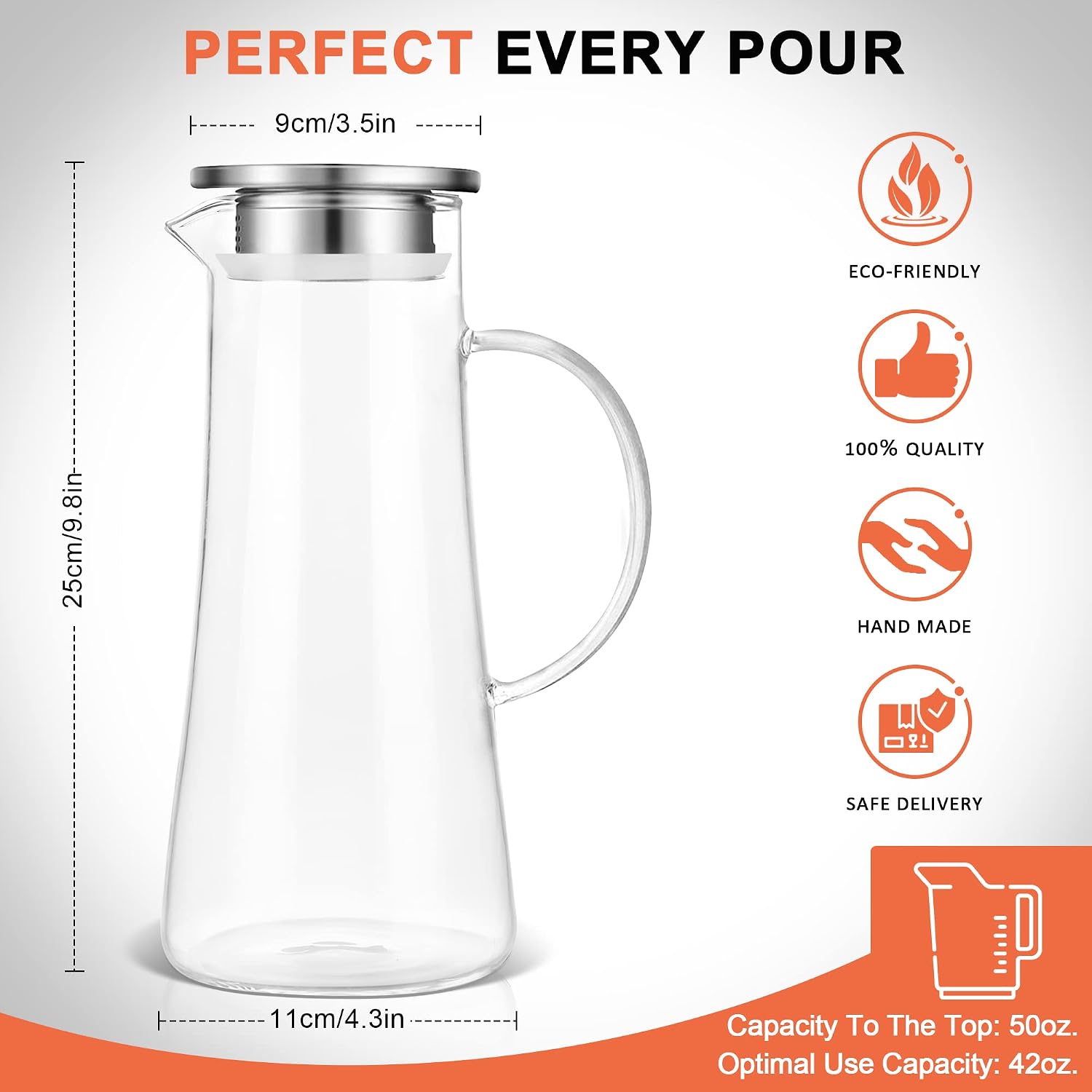 1.5 Liter 51oz Glass Pitcher with Lid, Easy Clean Heat Resistant Glass Water Carafe with Handle for Hot/Cold
