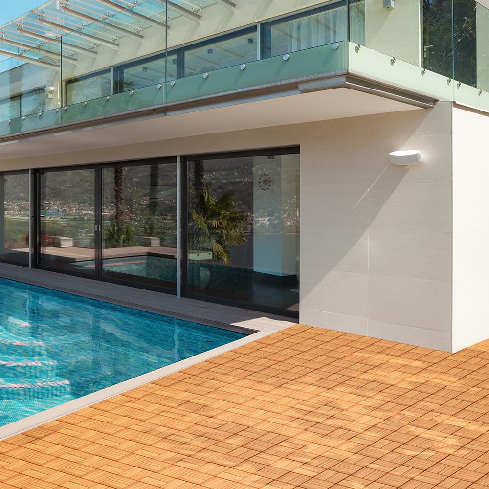 10 PCS 12" x 12" Acacia Deck Tiles, Waterproof Interlocking Deck Tiles for Indoor/Outdoor Wood Flooring, Snap Together