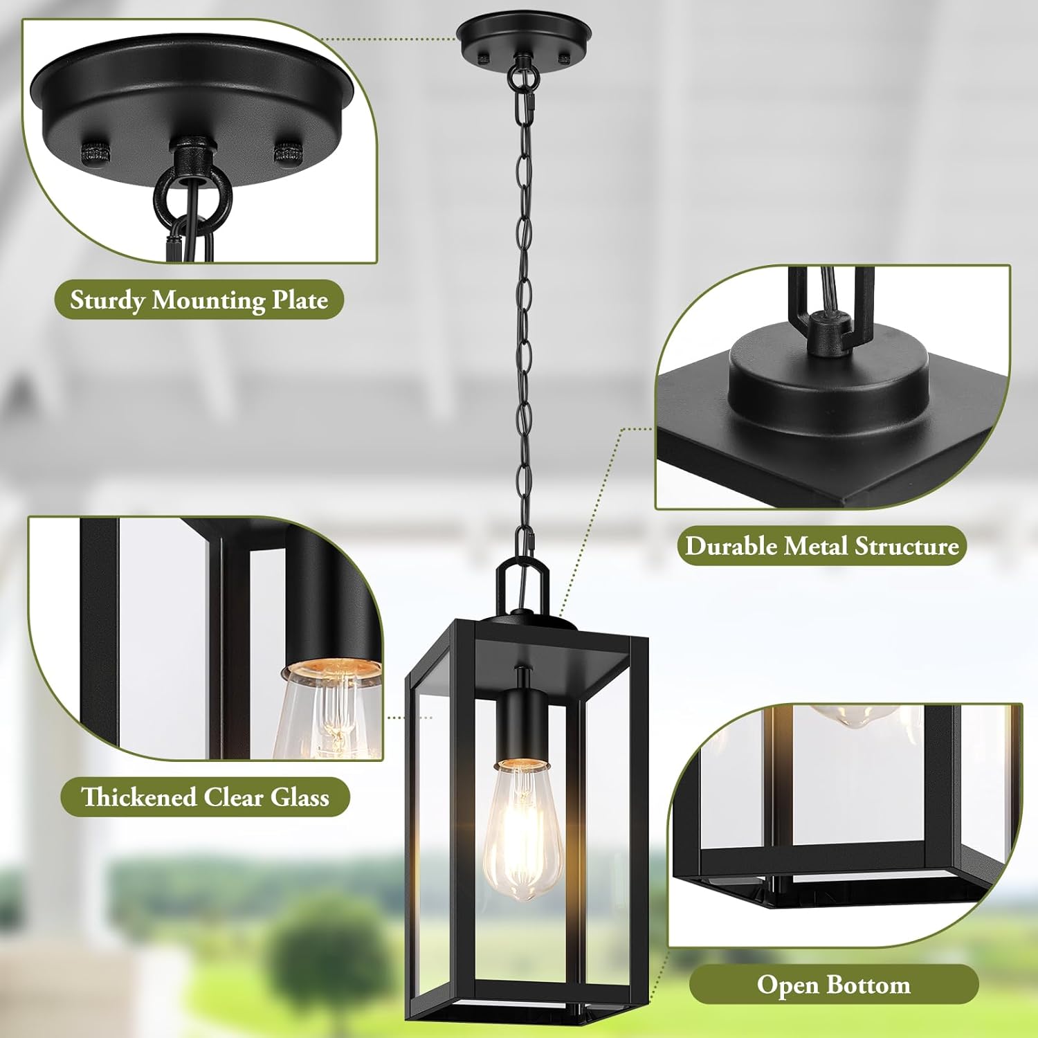 1-Pack Outdoor Pendant Light, 13” Modern Hanging Lantern Light for Outside