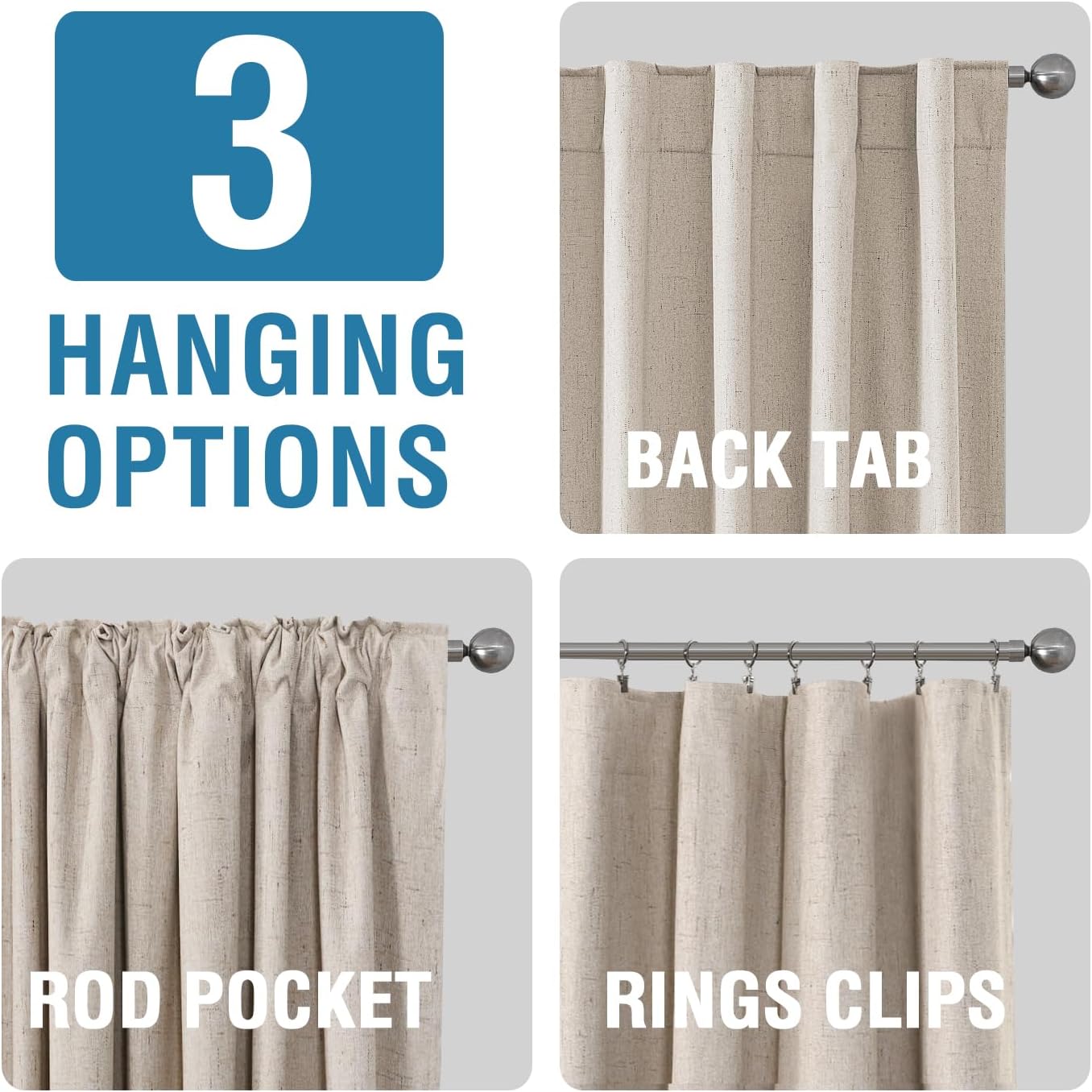 100% Blackout Curtains for Bedroom, Back Tab/Rod Pocket Faux Linen Black Out Cute Curtains 2 Panels