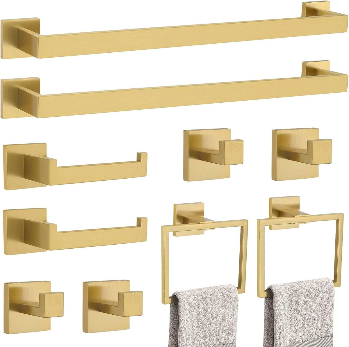 10-Piece Bathroom Hardware Accessories Set-Brushed Gold Towel Bar, Holder & Racks-SUS304 Stainless Steel-Wall