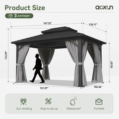 10'x14' Hardtop Gazebo, Metal Frame Canopy with Double Galvanized Steel Roof, Outdoor Metal Pavilion with Netting