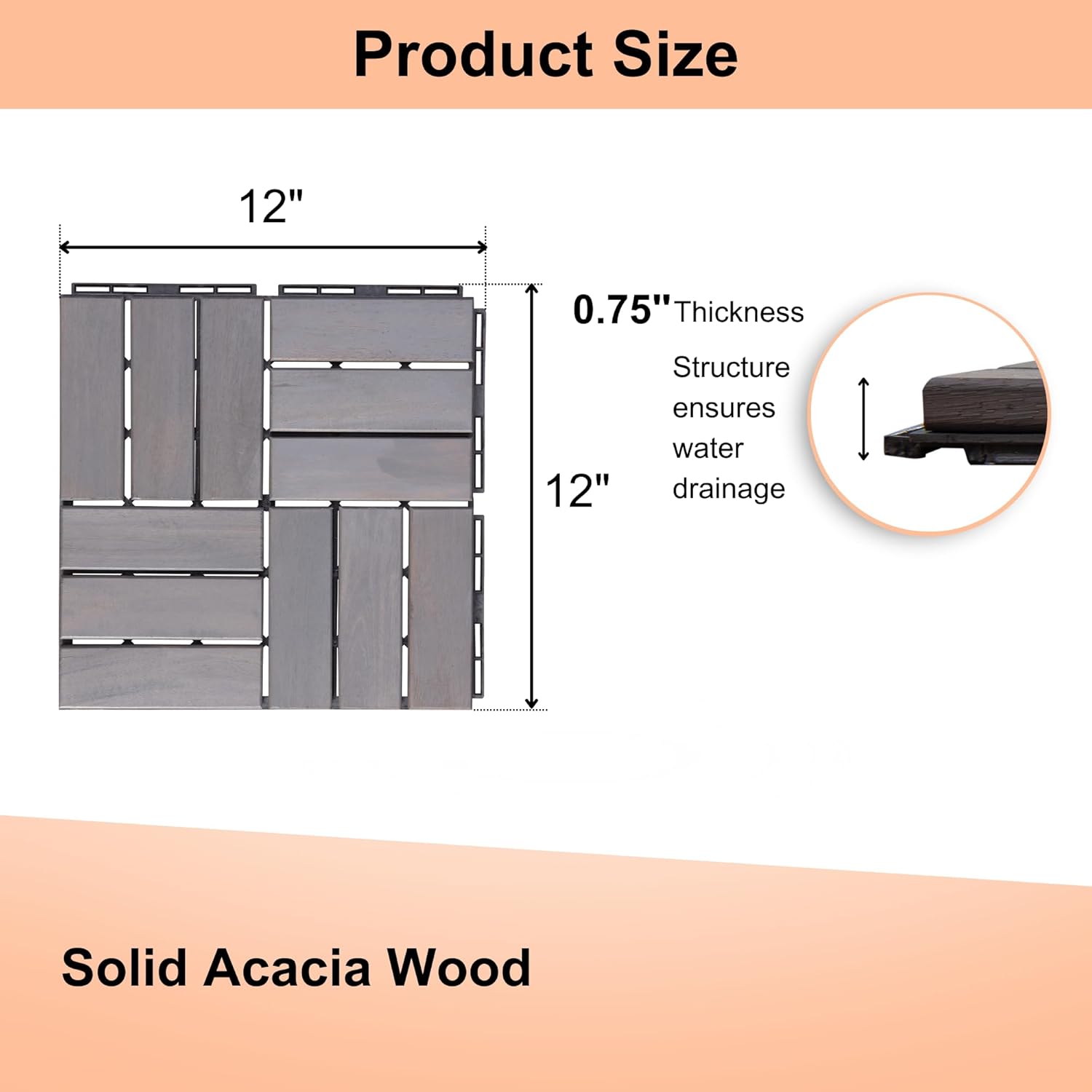 10 PCS Interlocking Deck Tiles, Solid Wood Patio Flooring Outdoor Waterproof, 12"x12"x0.8" Acacia Wood Tiles, Patio