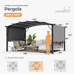 10' x13' Outdoor Arched Patio Pergola, Outdoor Retractable Pergola with Sun Shade Canopy