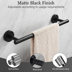 10-Piece Matte Black Bathroom Hardware Set, 16in SUS304 | Wall-mounted Towel Racks, Hand Towel Holder Decor