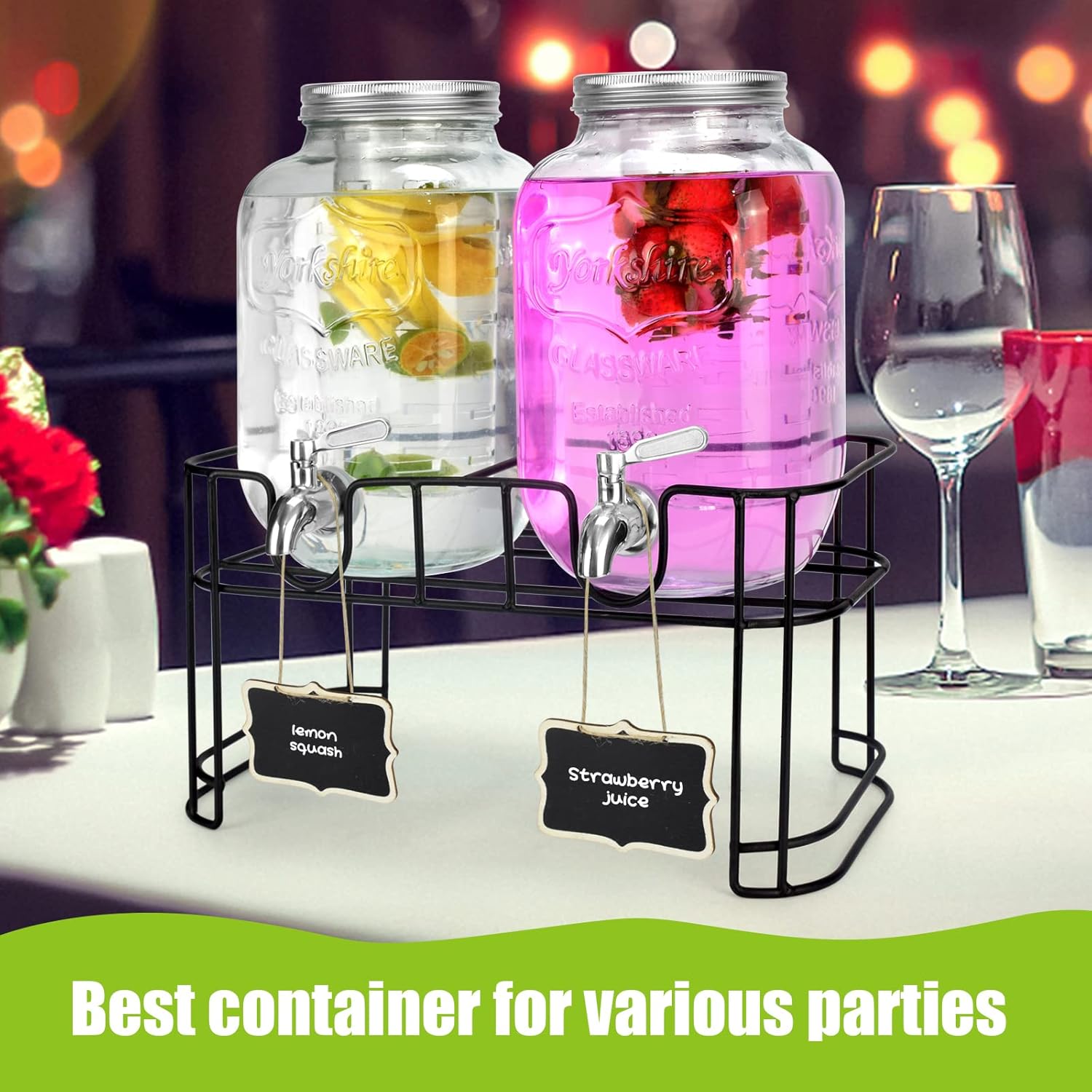 1 Gallon Glass Drink Dispensers For Parties 2PACK.Beverage Dispenser,Glass Drink Dispenser With Stand And Stainless