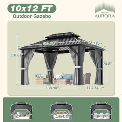 10'x12' Outdoor Aluminum Gazebo Grey | Hardtop Pergola with Galvanized Steel Double Roof, Curtain and Netting