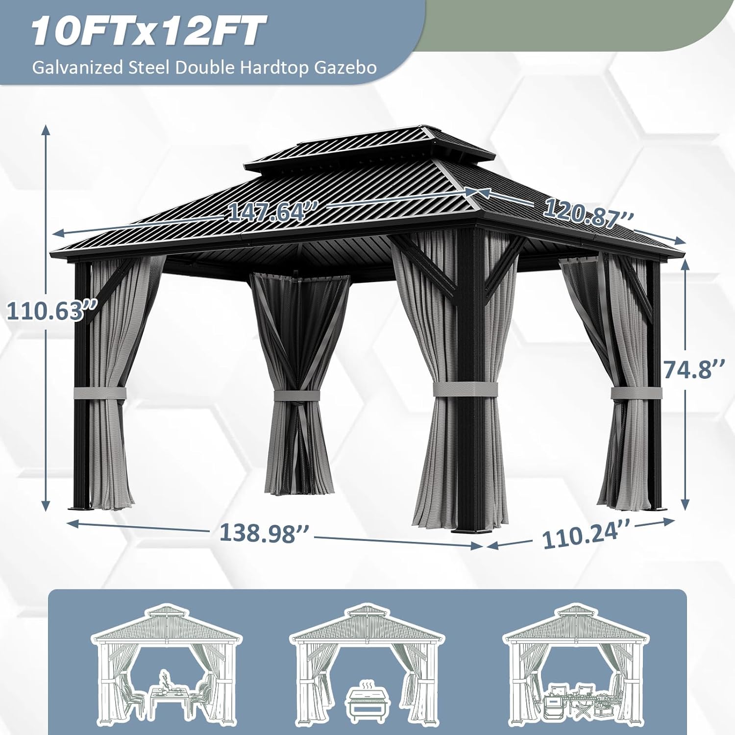 10'x12' Gazebo Hardtop Gazebo, Aluminum Pergola with Double Galvanized Steel Roof