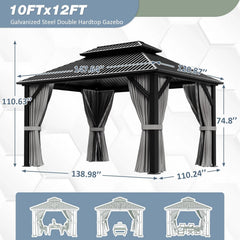10'x12' Gazebo Hardtop Gazebo, Aluminum Pergola with Double Galvanized Steel Roof