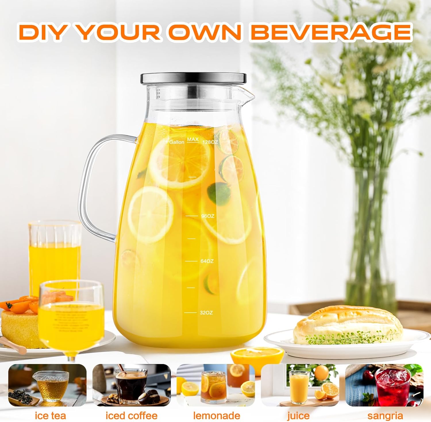1 Gallon 128oz Glass Pitcher, Water Pitcher with Lid and Spout, Glass Carafe for Hot/Cold Drink, Water Jug for Iced