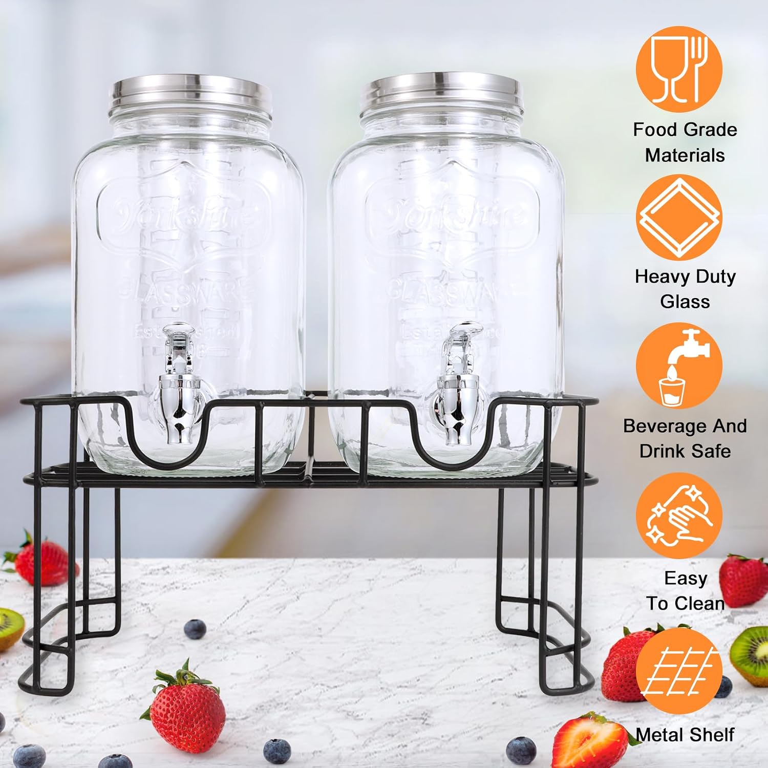 1 Gallon Glass Drink Dispensers For Parties-Set of 2, Drink Dispenser with Fruit Infuser & Stand,Juice or Beverage