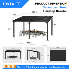 10'x14' Lean to Gazebo, Hardtop Pergola with Metal Roof, Wall Mounted Heavy Duty Canopy Awning for Backyard