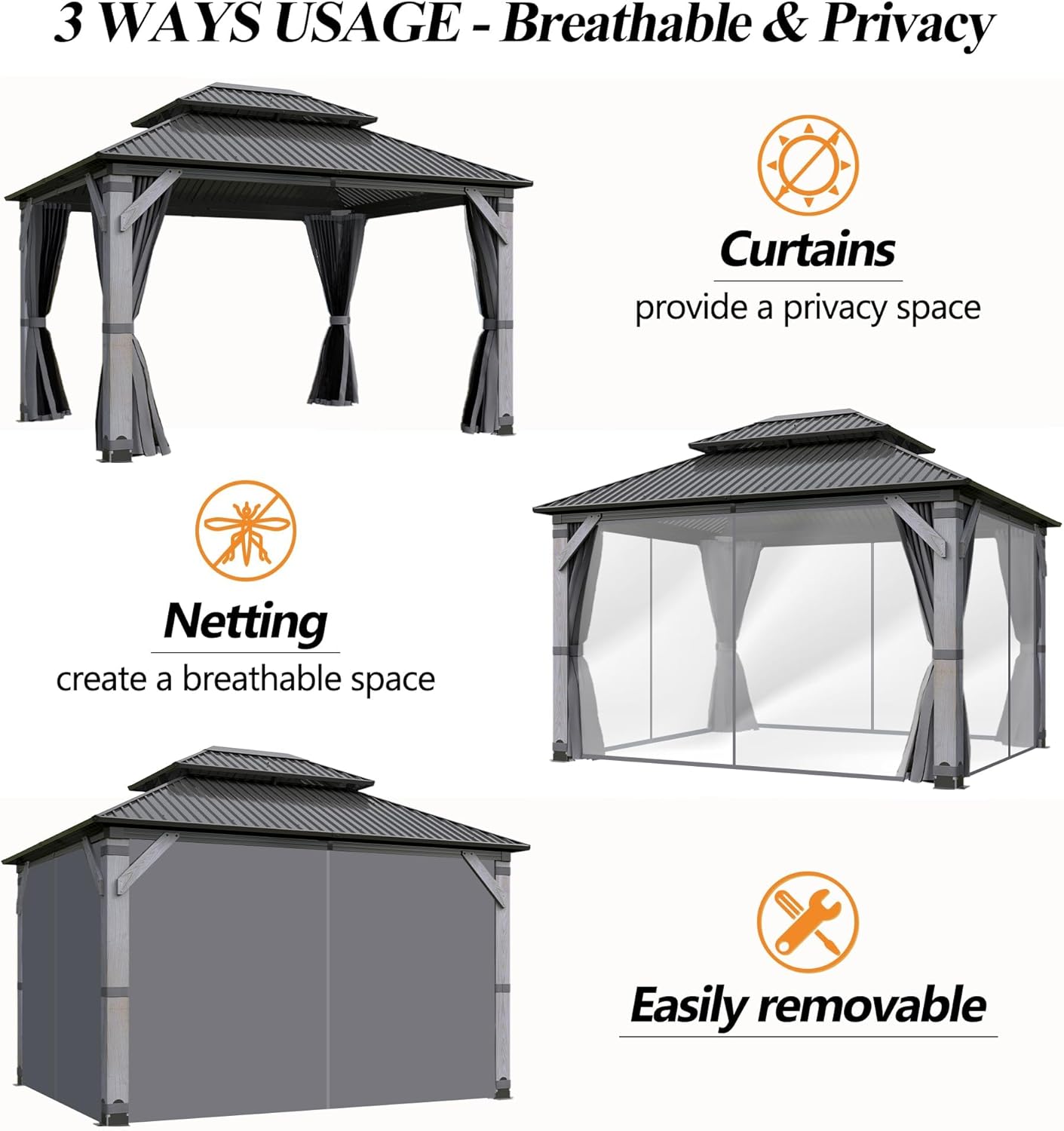 10' x 12' Outdoor Wood Gazebo - Permanent Wooden Hardtop Gazebo Pavilion with Double Curtains