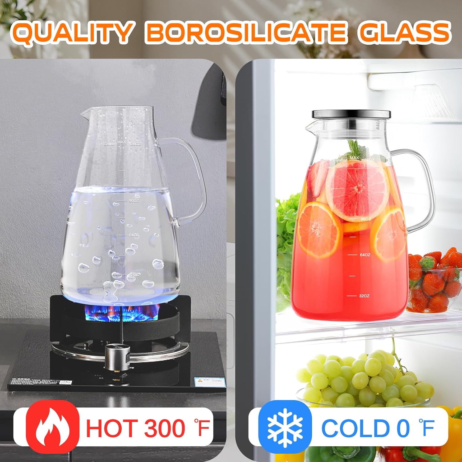 1 Gallon 128oz Glass Pitcher, Water Pitcher with Lid and Spout, Glass Carafe for Hot/Cold Drink, Water Jug for Iced