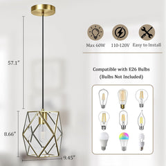 1-Light Modern Geometric Glass Pendant Light, Caged Hanging Light, Gold | Open Bottom Design, Stable Metal Frame